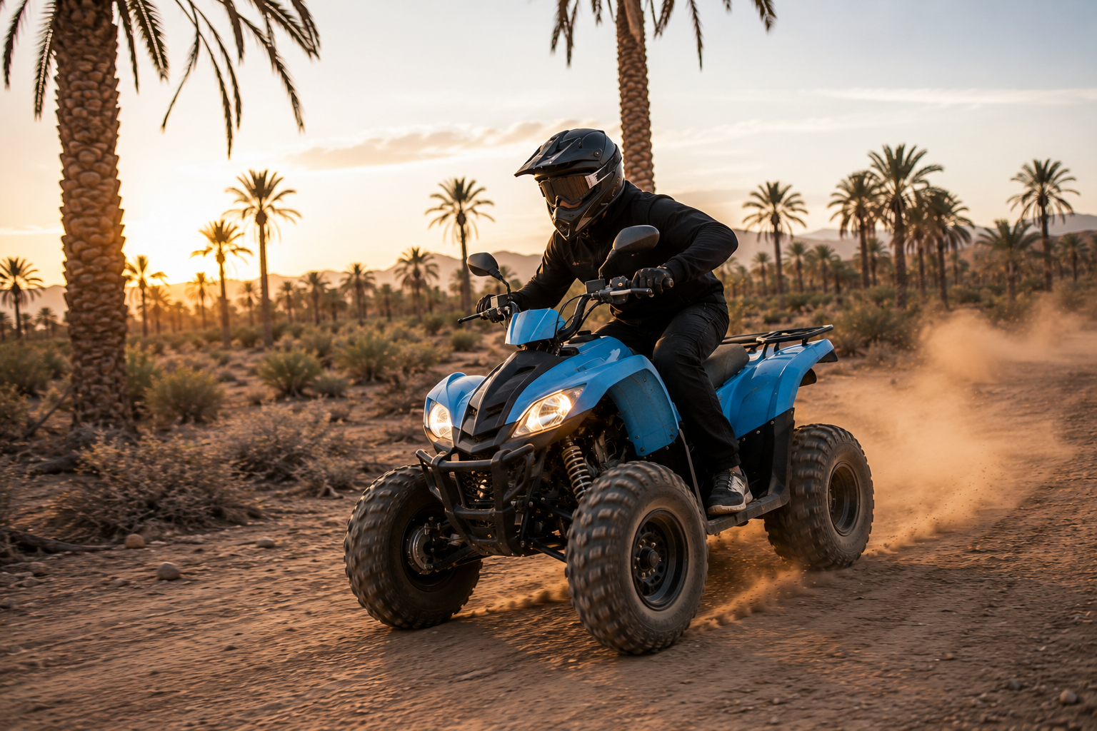 Quad Kymco bleu dans la Palmeraie de Marrakech