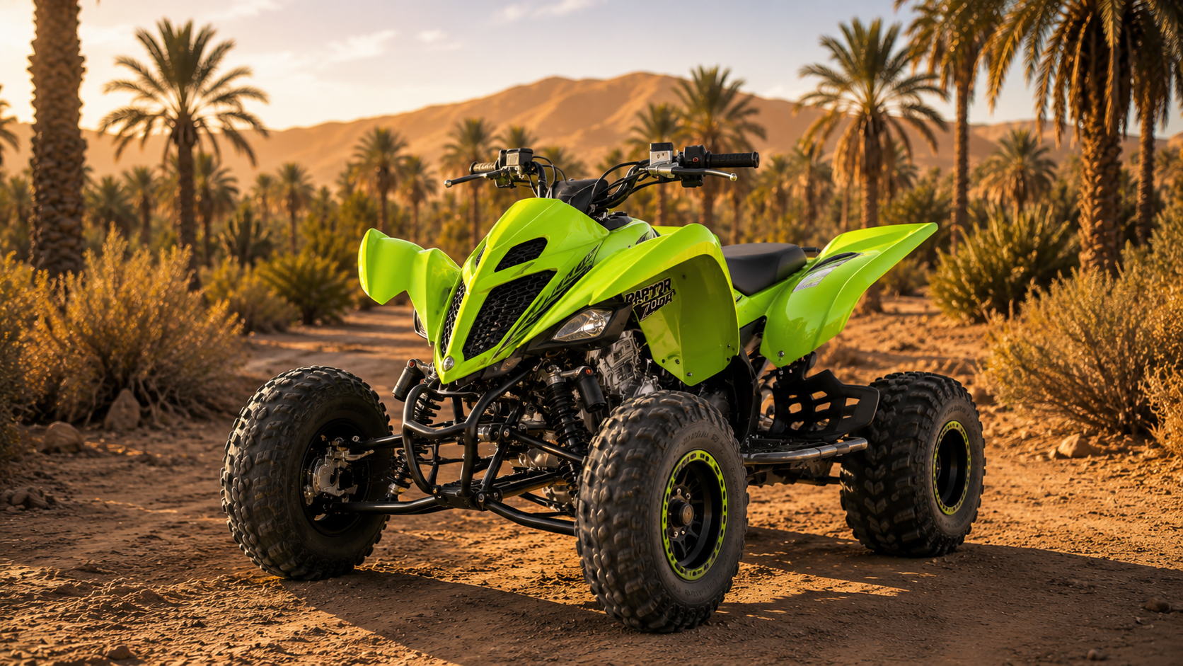 Quad Yamaha Raptor 700 vert dans la Palmeraie de Marrakech